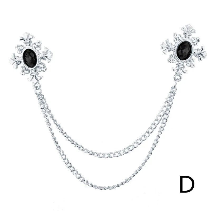 Fringed rhinestone cross collar pin in alloy with electroplated finish and inlaid rhinestones.