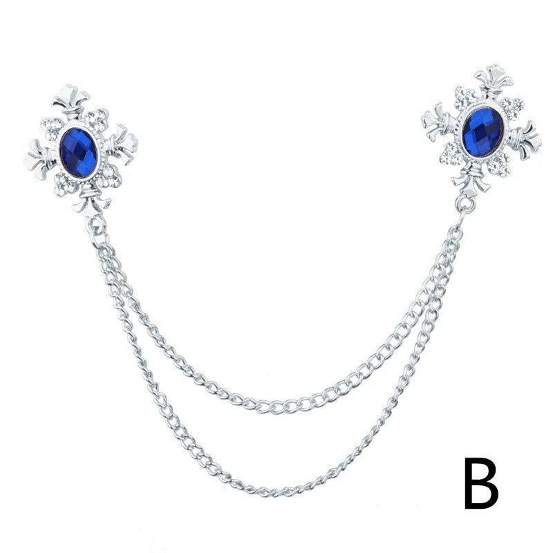 Fringed rhinestone cross collar pin in alloy with electroplated finish and inlaid rhinestones.