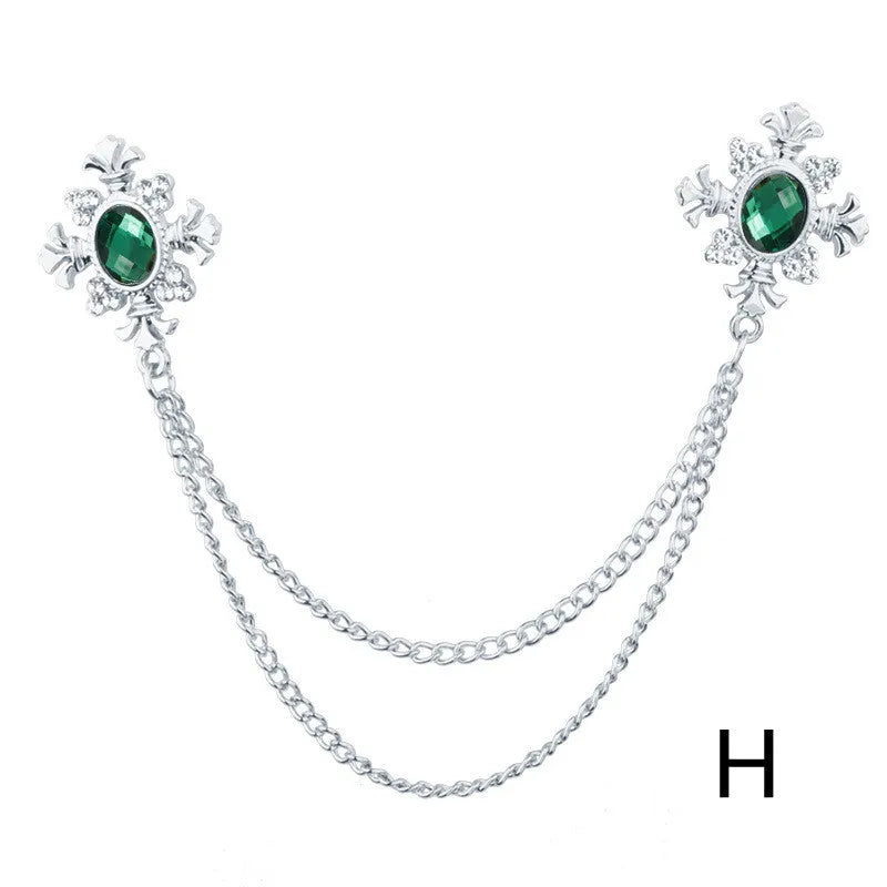 Fringed rhinestone cross collar pin in alloy with electroplated finish and inlaid rhinestones.