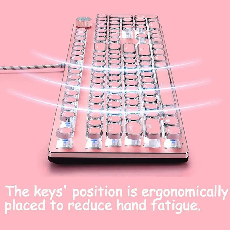 Queen Lipstick mechanical keyboard with pink keys, silver base, and white backlight.