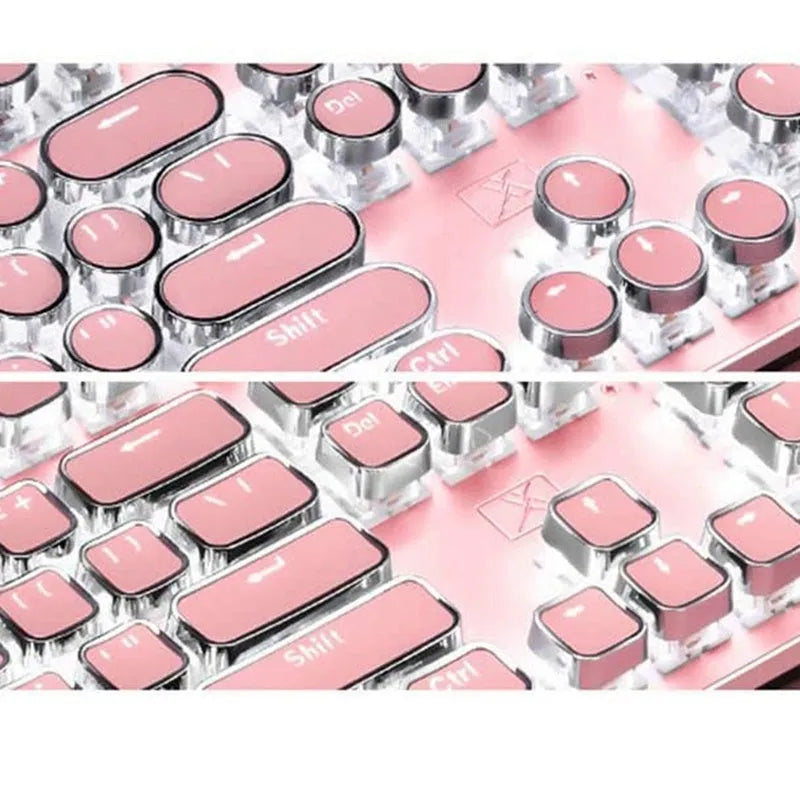 Queen Lipstick mechanical keyboard with pink keys, silver base, and white backlight.