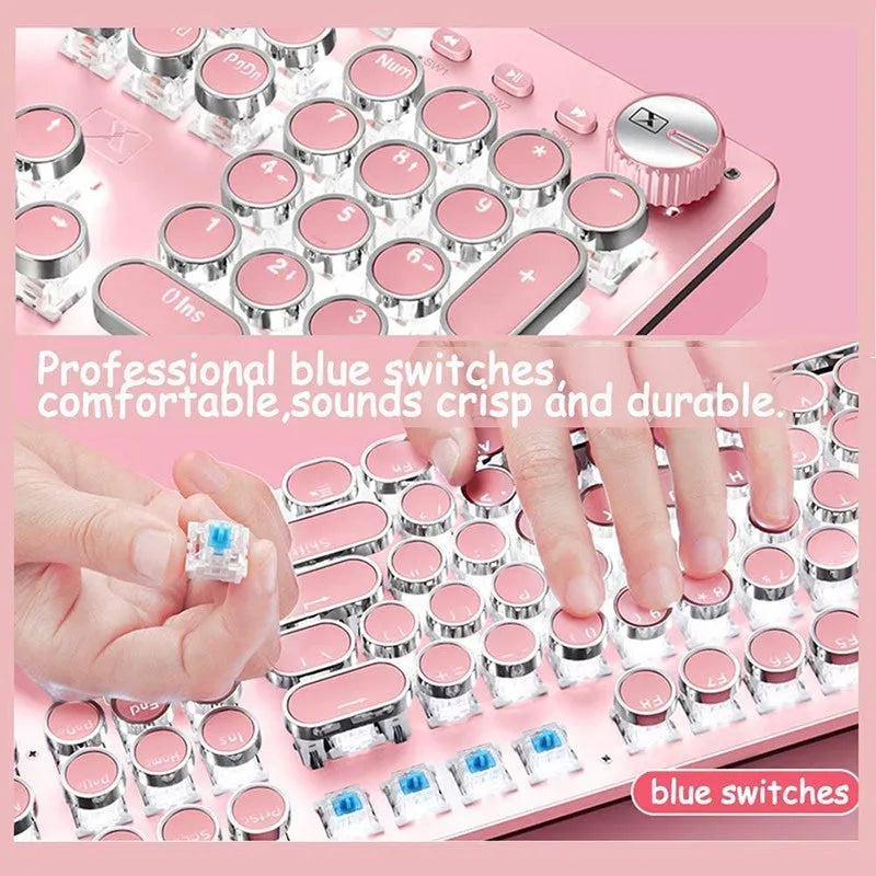 Queen Lipstick mechanical keyboard with green switches, silver base, pink accents, and multimedia keys.