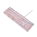 Queen Lipstick mechanical keyboard with green switches, silver base, pink accents, and multimedia keys.