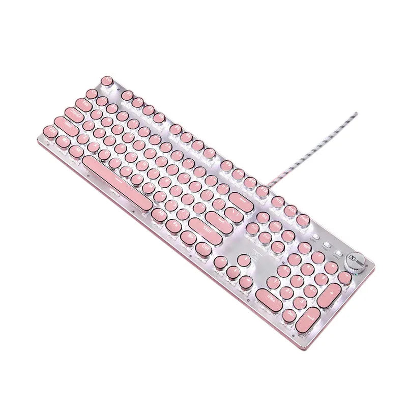 Queen Lipstick mechanical keyboard with green switches, silver base, pink accents, and multimedia keys.
