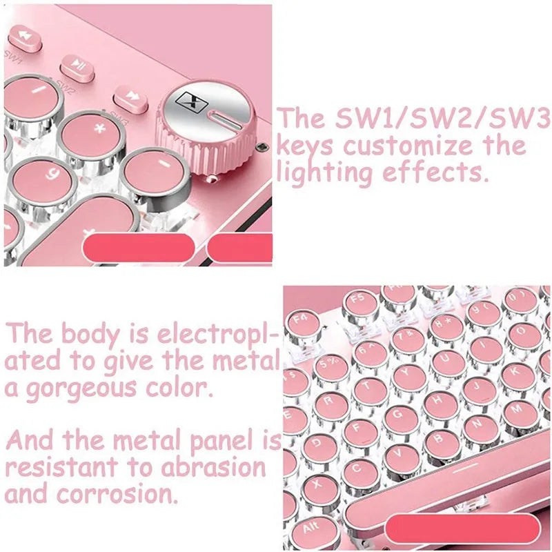 Queen Lipstick mechanical keyboard with pink keys, silver base, and white backlight.