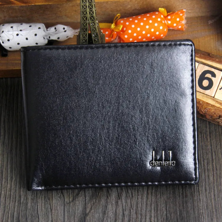 Short PU leather trifold wallet for men in brown, 11.5cm long, with card slots and note pocket