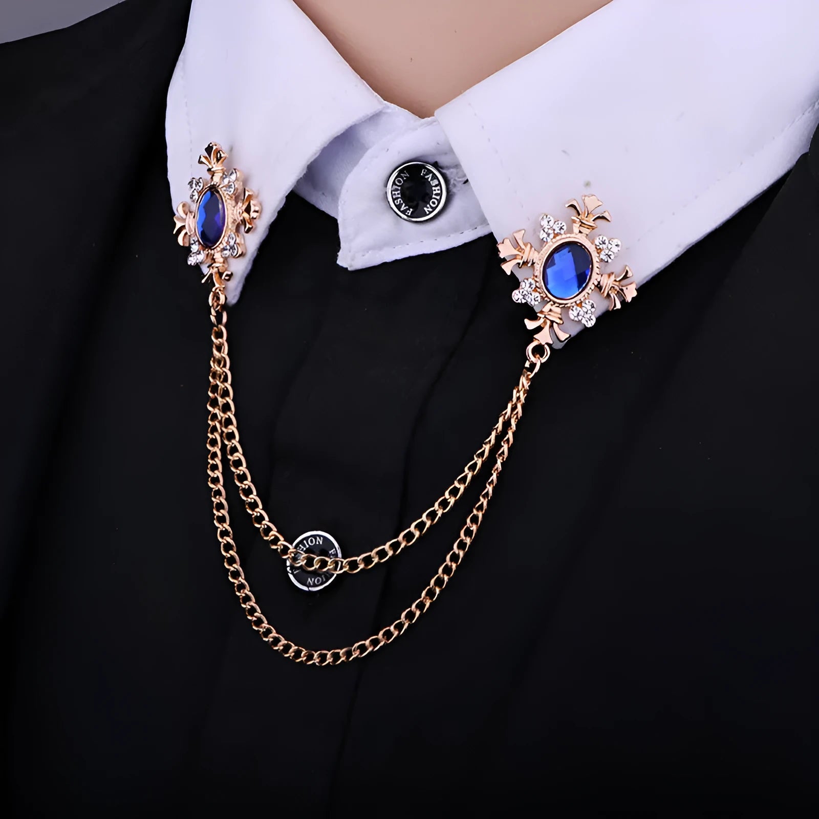 Fringed rhinestone cross collar pin in alloy with electroplated finish and inlaid rhinestones.