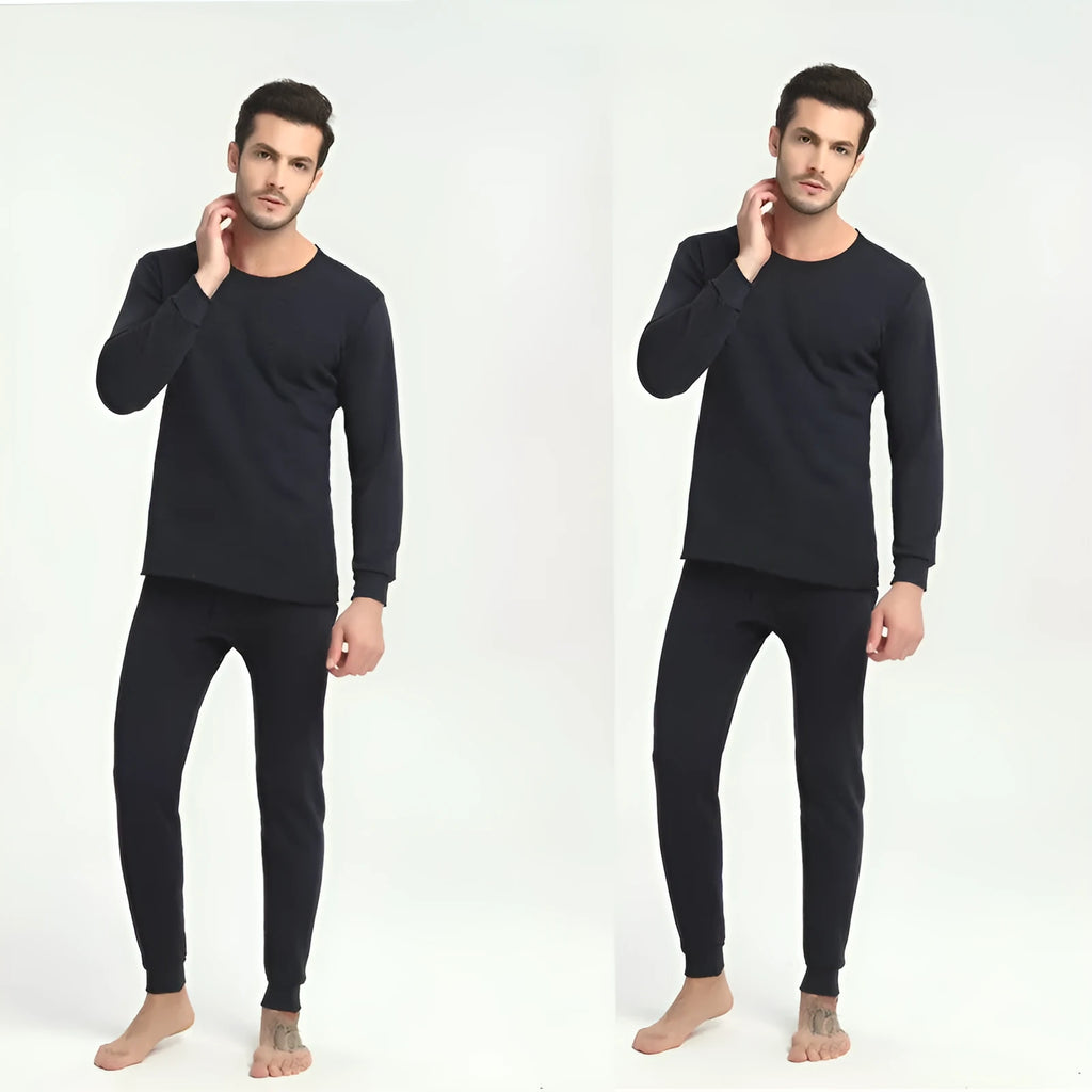Men's round neck polyester thermal underwear suit in black with slim fit top and bottom on white background