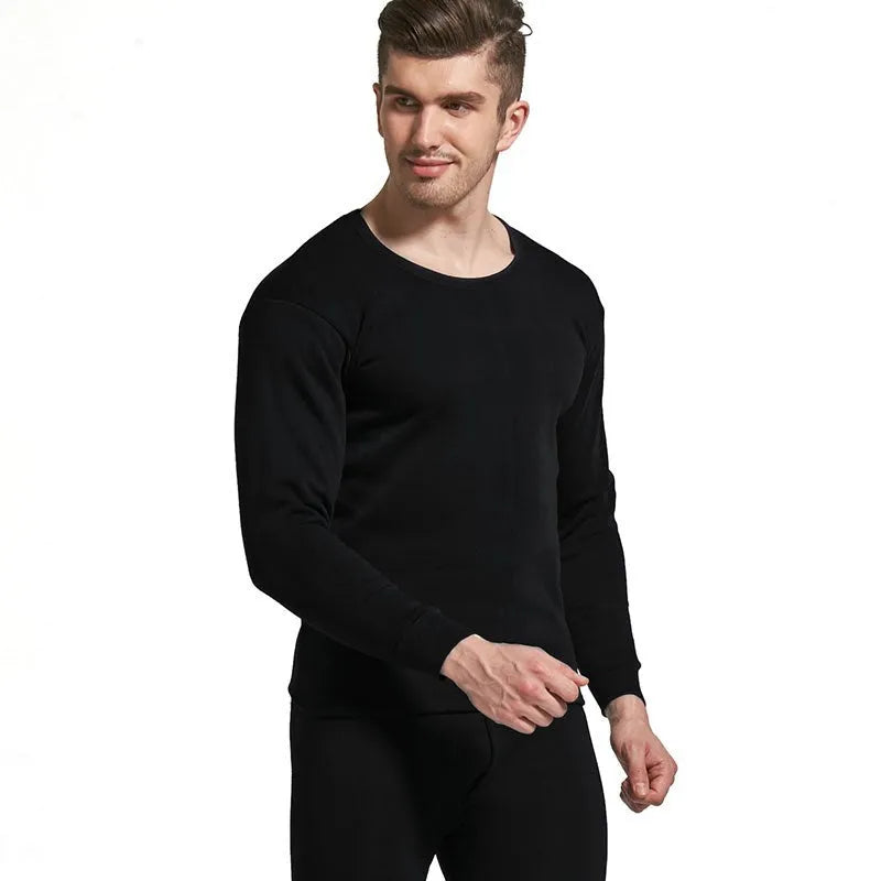 Men's round neck polyester thermal underwear suit in black with slim fit top and bottom on white background