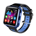 Black children's smart watch with a 1.54-inch screen and a blue silicone sport strap on a wrist.