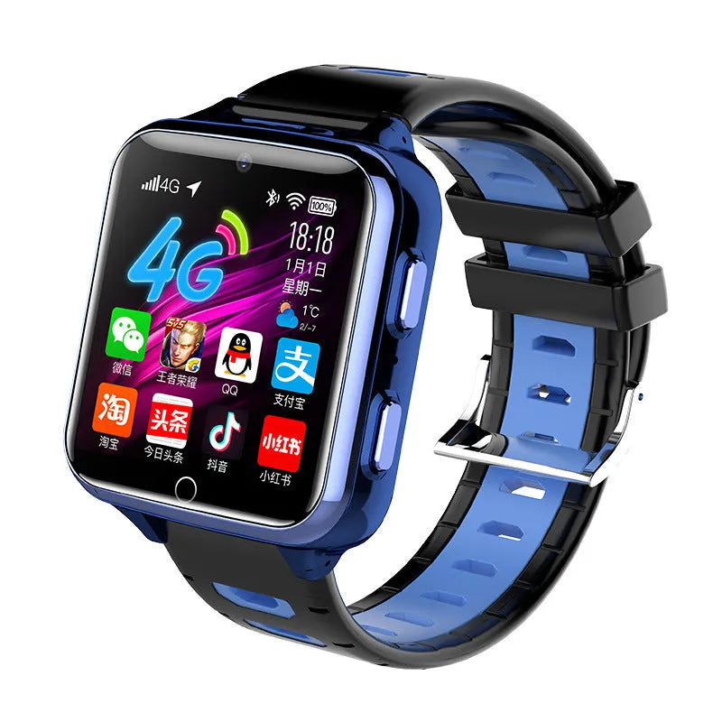 Black children's smart watch with a 1.54-inch screen and a blue silicone sport strap on a wrist.