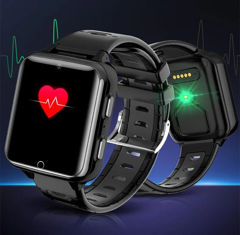 Black children's smart watch with a 1.54-inch screen and a blue silicone sport strap on a wrist.