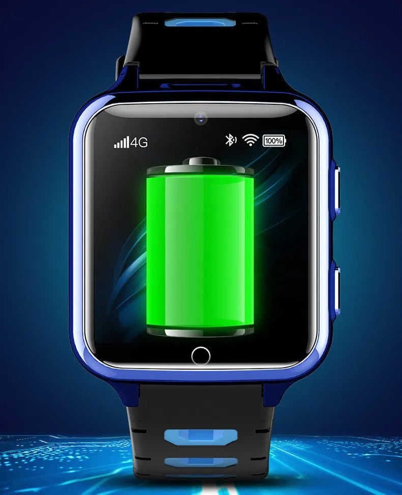 Black children's smart watch with a 1.54-inch screen and a blue silicone sport strap on a wrist.