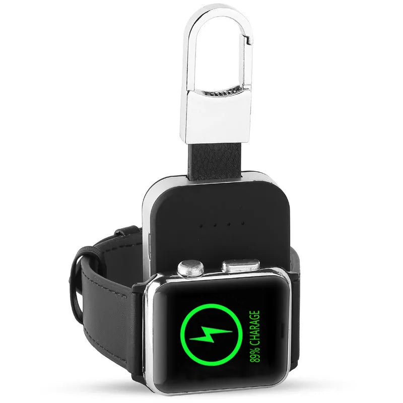 Black Apple Watch keychain power bank showing compact size and key ring attachment.