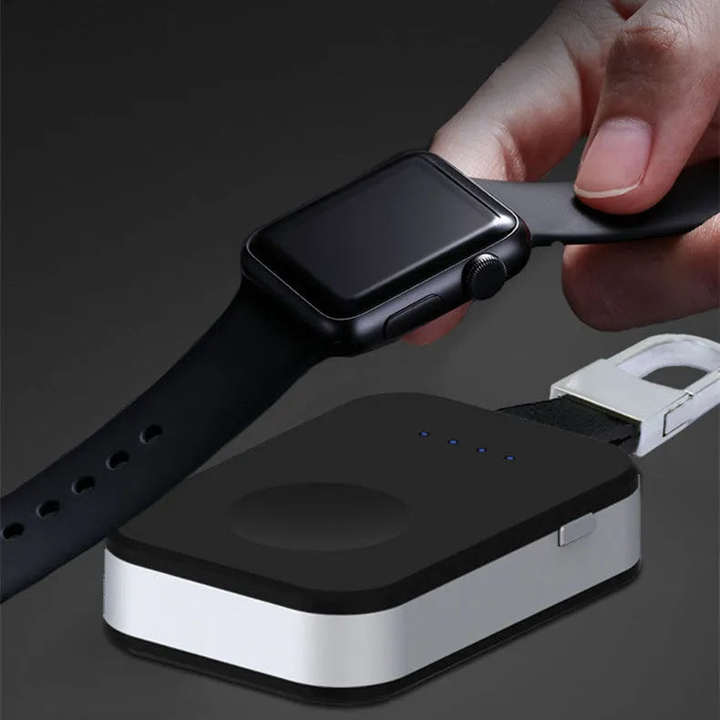 Black Apple Watch keychain power bank showing compact size and key ring attachment.
