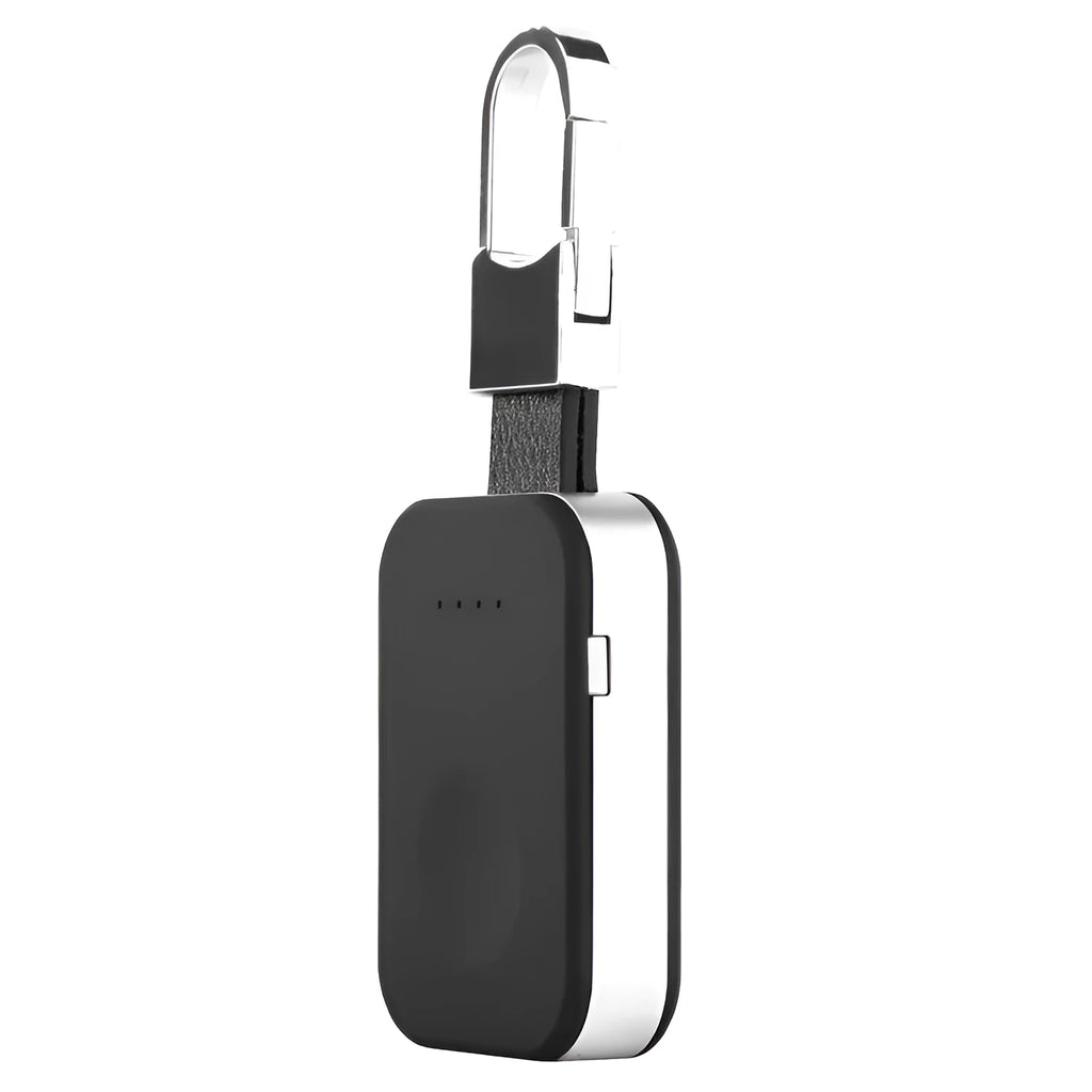 Black Apple Watch keychain power bank showing compact size and key ring attachment.