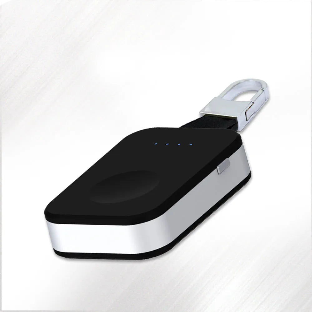 Black Apple Watch keychain power bank showing compact size and key ring attachment.