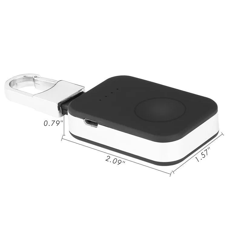 Black Apple Watch keychain power bank showing compact size and key ring attachment.