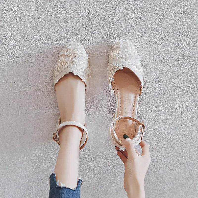 Women's apricot suede D'Orsay flat shoes with an ankle strap and a low 3 cm heel.