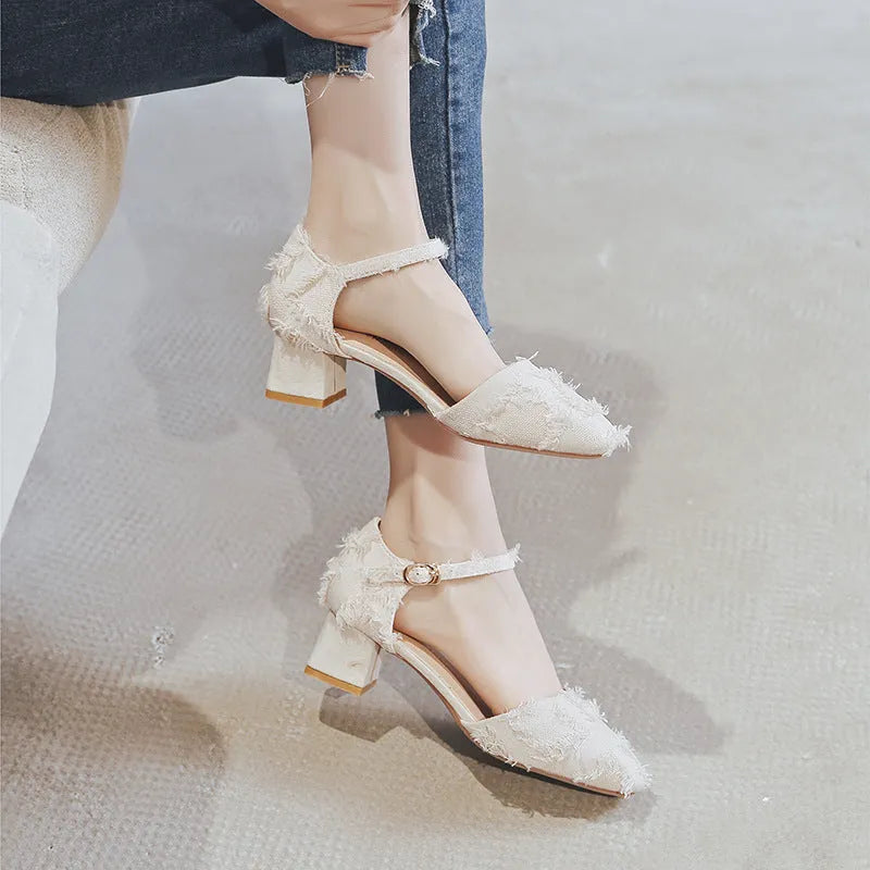 Women's apricot suede D'Orsay flat shoes with an ankle strap and low heel.