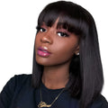 Black real human hair wig with 10-inch short to medium length style.
