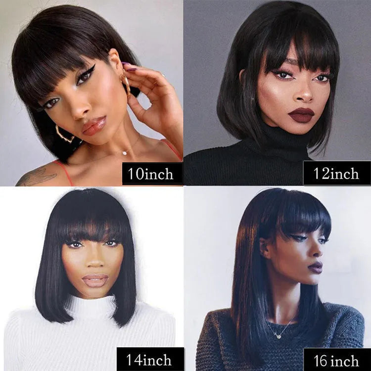 Black real human hair wig with 10-inch short to medium length style.