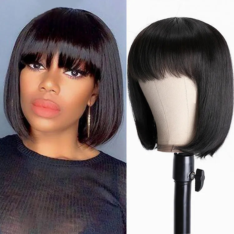 Black real human hair wig with 10-inch short to medium length style.