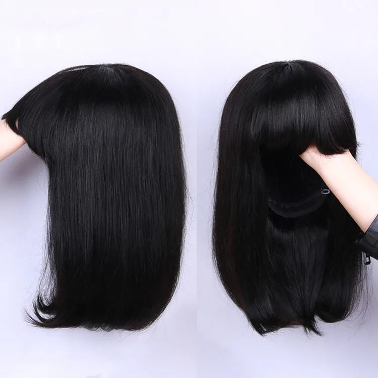 Black real human hair wig with 10-inch short to medium length style.