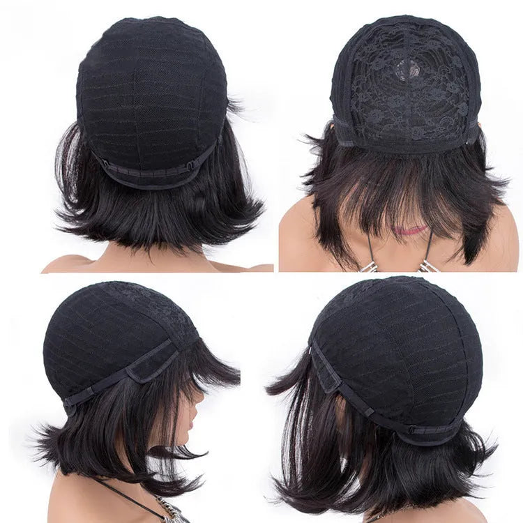 Black real human hair wig with 10-inch short to medium length style.