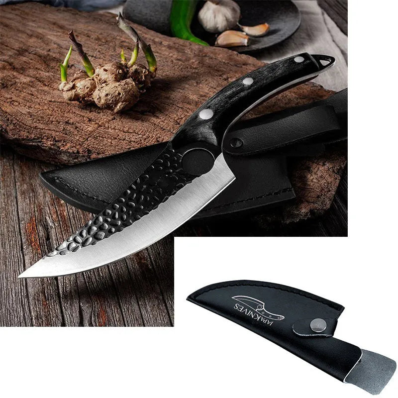 Butcher knife set with curved scimitar blade and straight boning knife in leather sheath