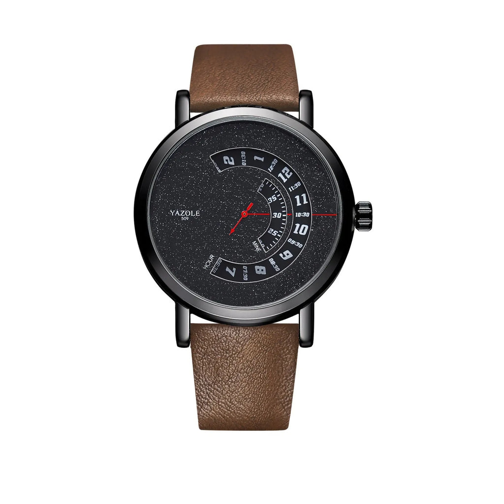Men's turntable-style quartz watch with analogue and digital display on a metal case.