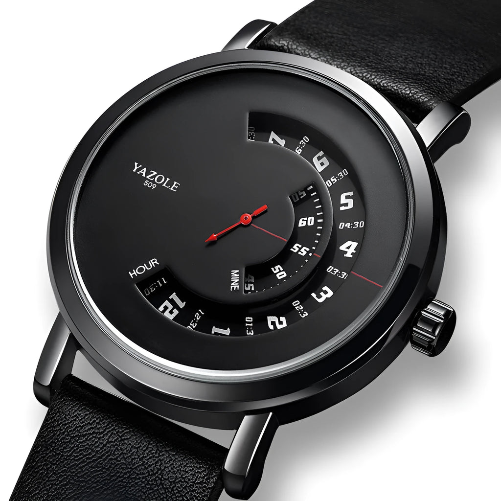 Men's turntable-style quartz watch with analogue and digital display on a metal case.