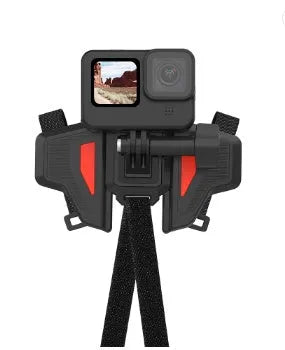 Black universal motorcycle helmet chin strap mount for GoPro and action cameras.