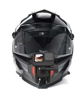 Black universal motorcycle helmet chin strap mount for GoPro and action cameras.