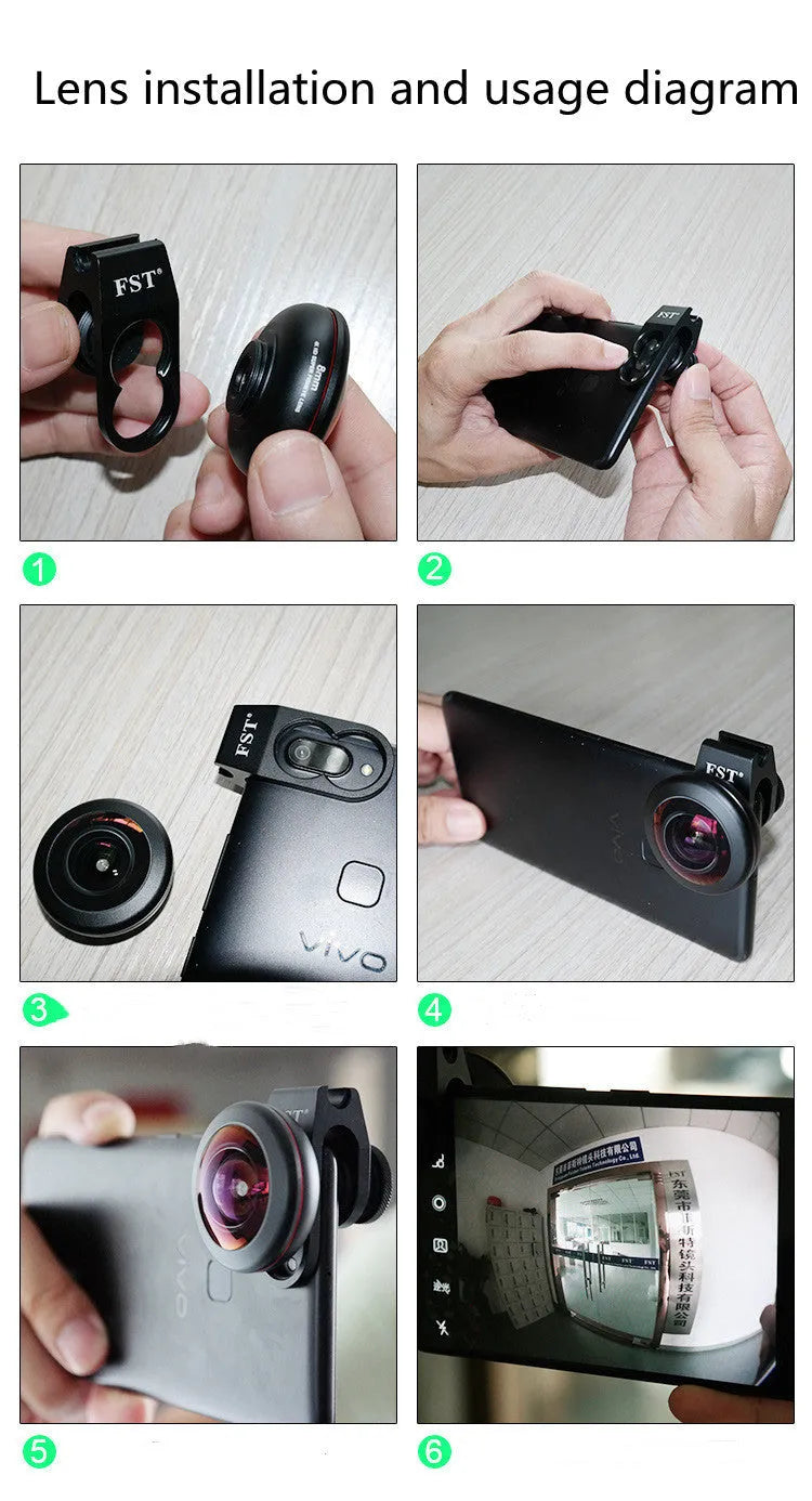 Factory-direct mobile phone external lens set showing wide-angle, macro, and fisheye lenses