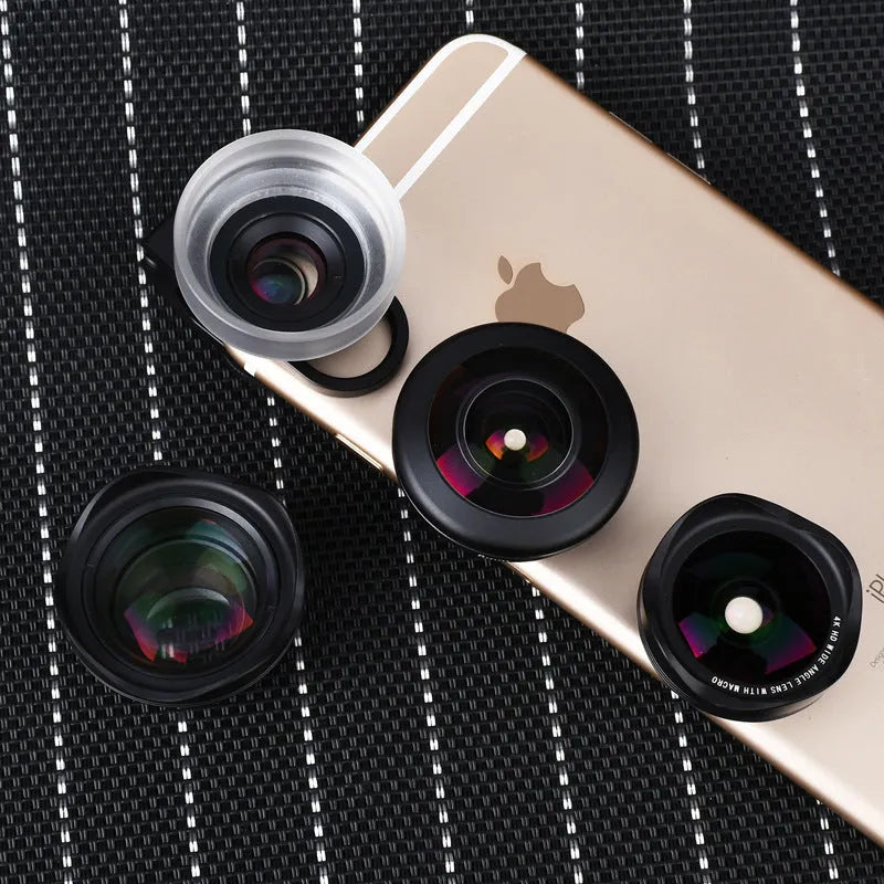 Factory-direct mobile phone external lens set showing wide-angle, macro, and fisheye lenses