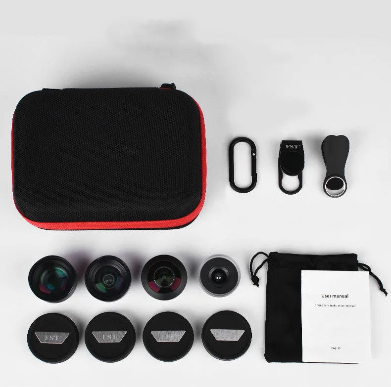 Factory-direct mobile phone external lens set showing wide-angle, macro, and fisheye lenses