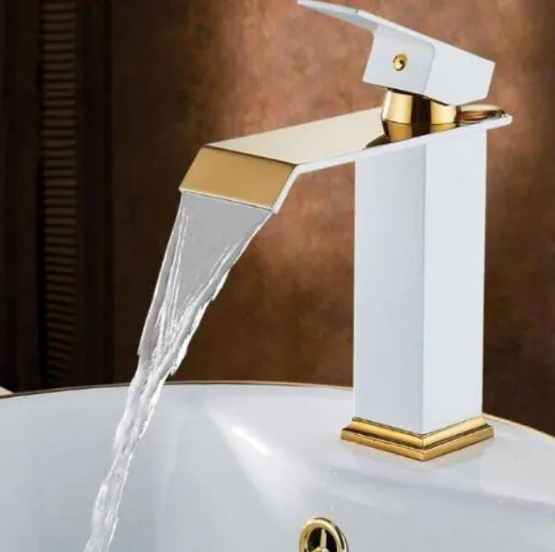 Black, white and gold waterfall basin faucet with electric induction operation
