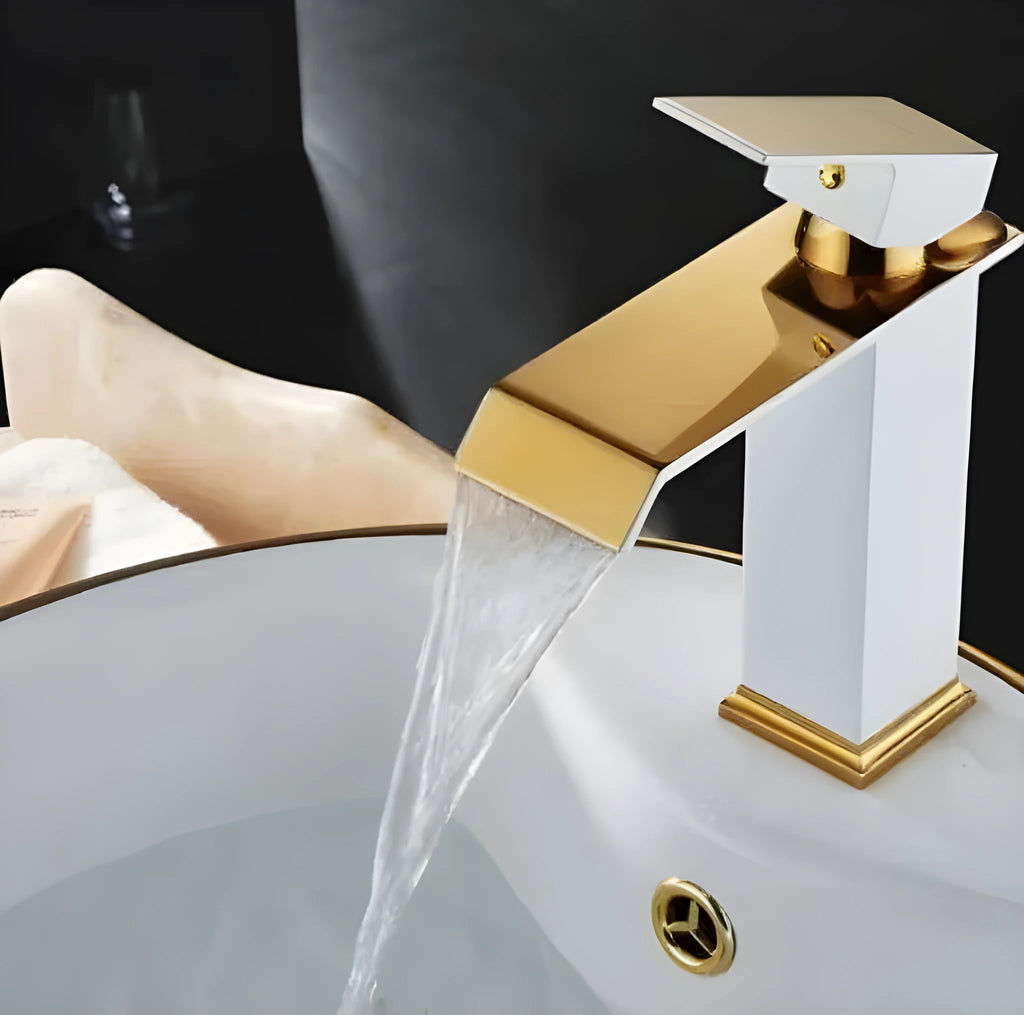 Black, white and gold waterfall basin faucet with electric induction operation