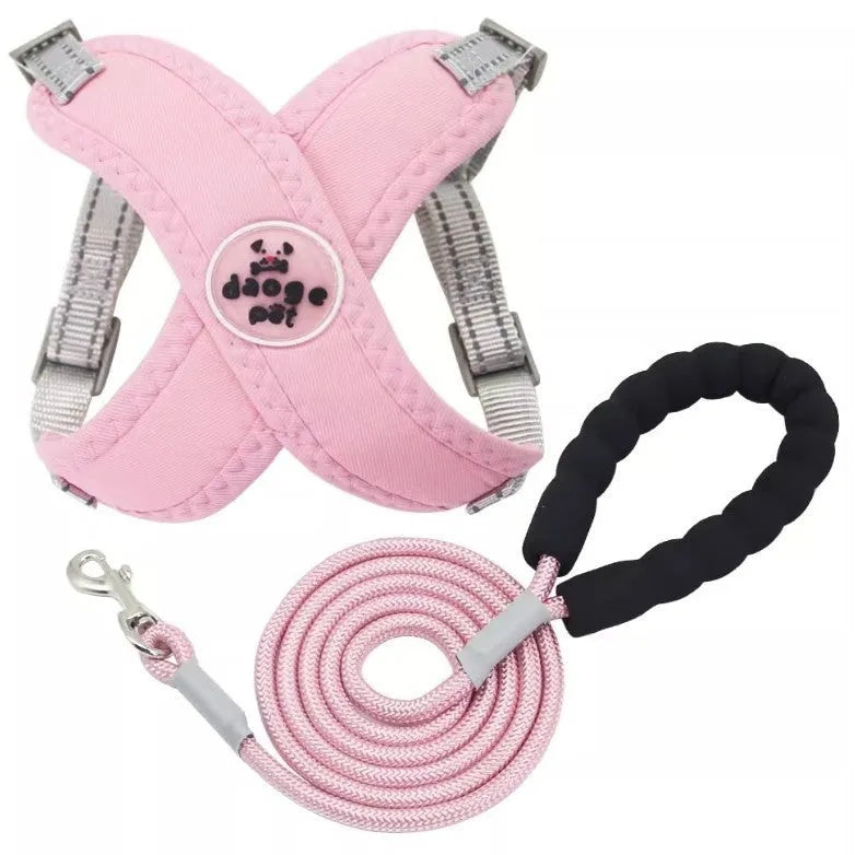 Polyester dog vest and rope lead set in blue, green, pink, or yellow colours with adjustable sizing