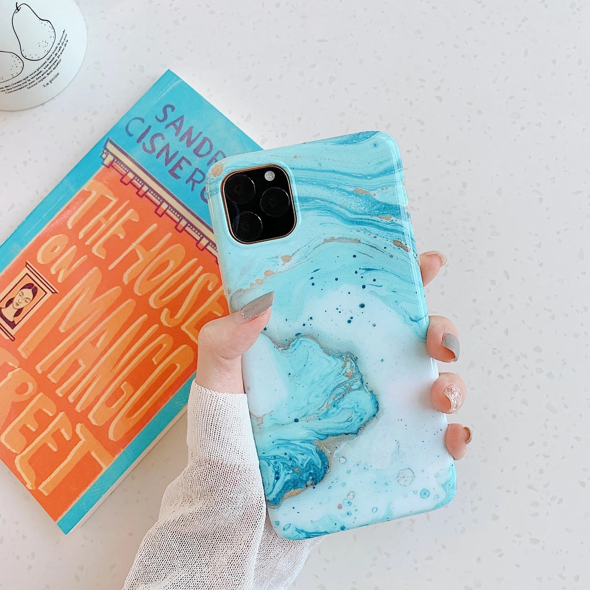Frosty marble silicone phone case for iPhone, black back cover with geometric pattern