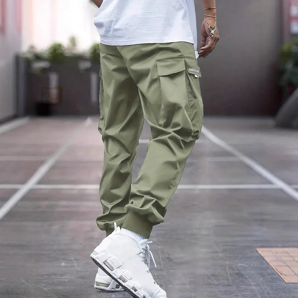 Men's tapered casual polyester trousers in khaki, American retro style