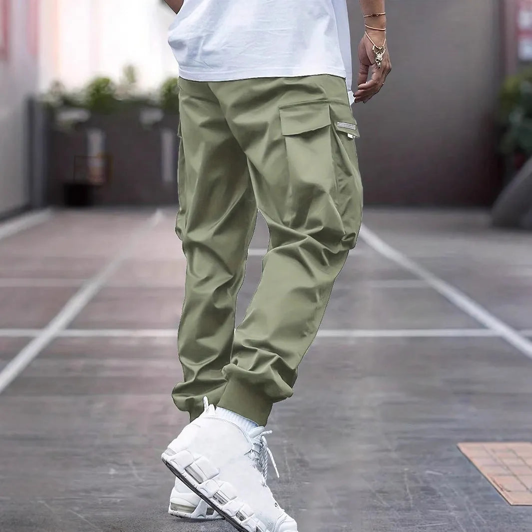 Men's tapered casual polyester trousers in khaki, American retro style