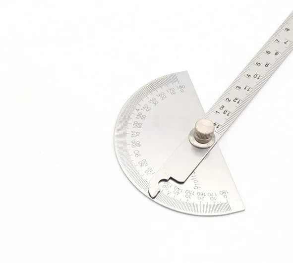 Clear plastic adjustable protractor showing angle measurement scale and two size options