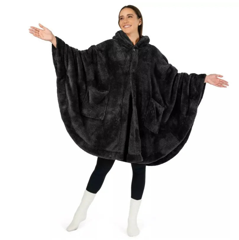 Thick hooded long sleeve bathrobe in a cardigan style, shown in black, dark grey, and pink colours.