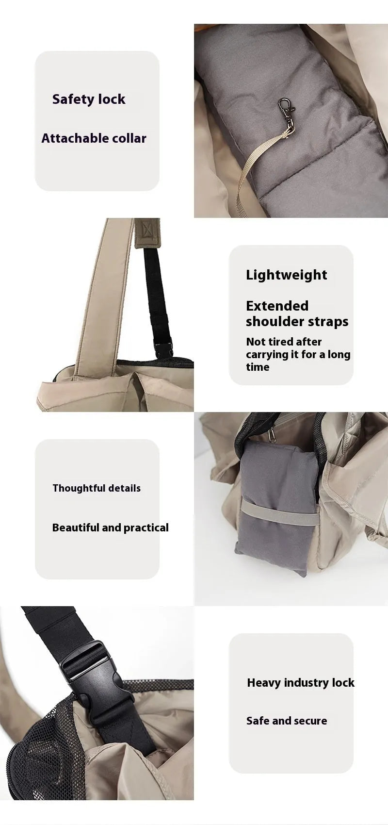 Apricot cloth pet carrier handbag showing dimensions and breathable construction