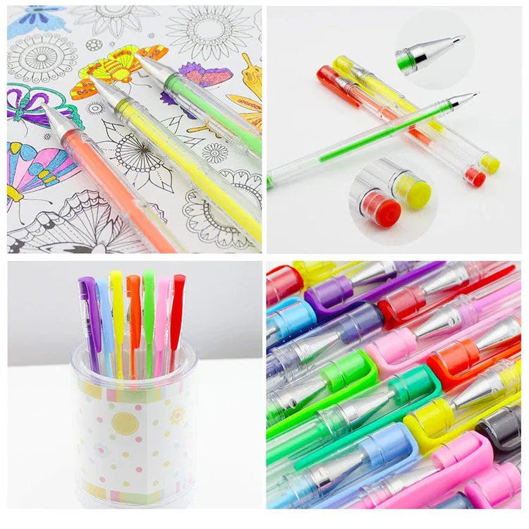 100 colour gel pens with dual 0.5mm and 1.0mm tips displayed in set, each 15cm long