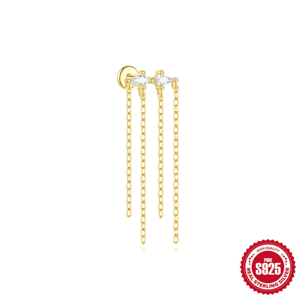 Geometric kite-shaped sterling silver earrings with rhinestone chain tassel in gold colour
