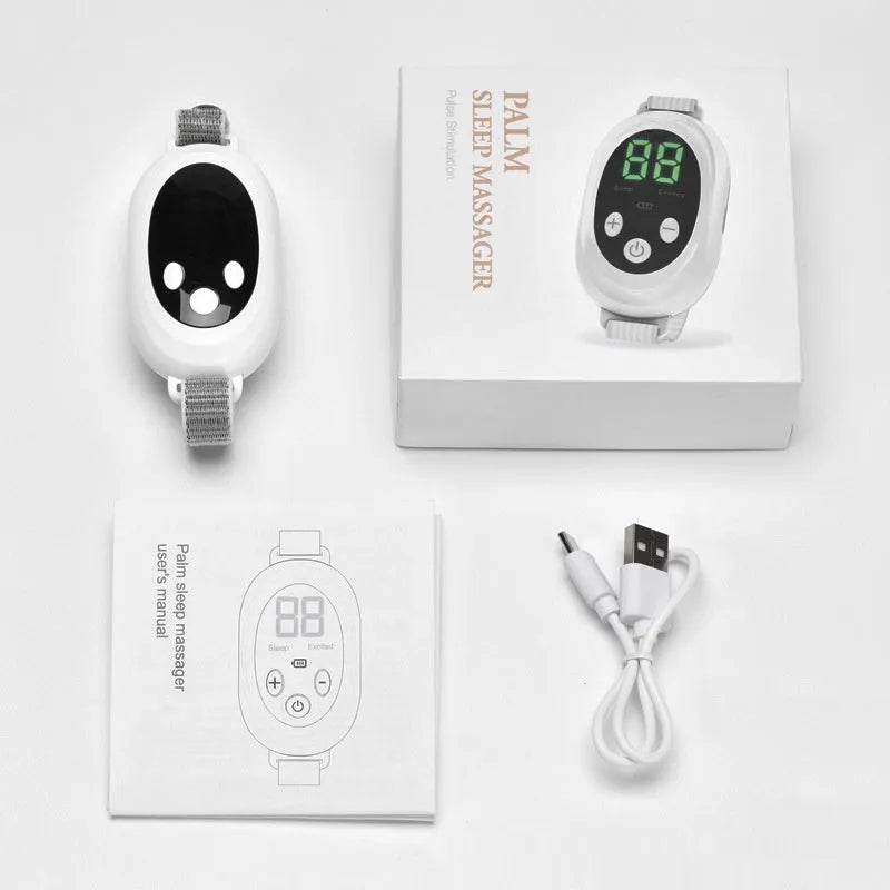White handheld sleep aid device with remote control and adjustable intensity settings