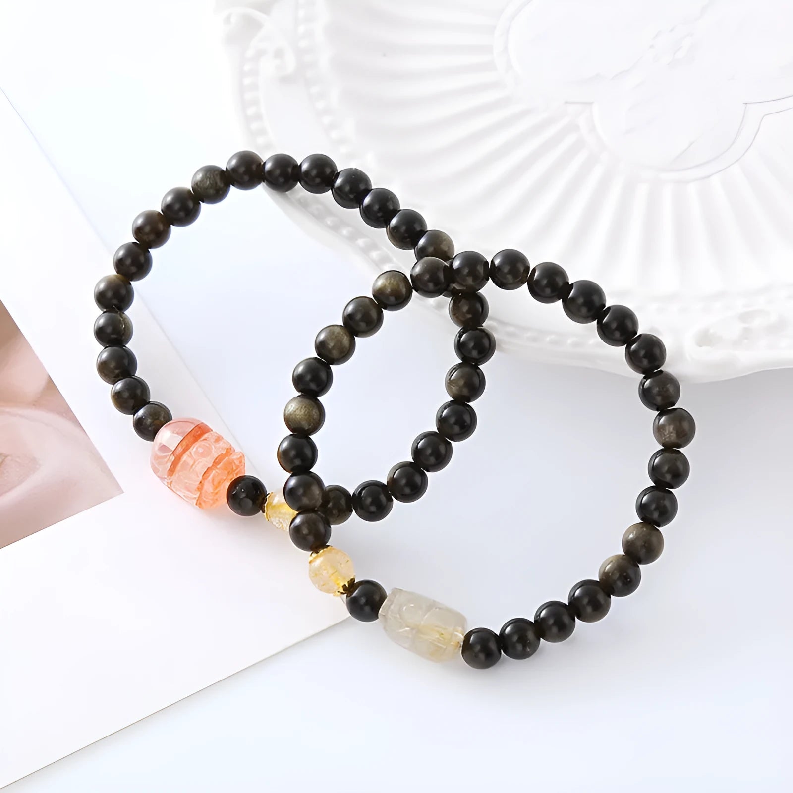 Natural obsidian Pi Xiu bracelet with ethnic retro design on wrist